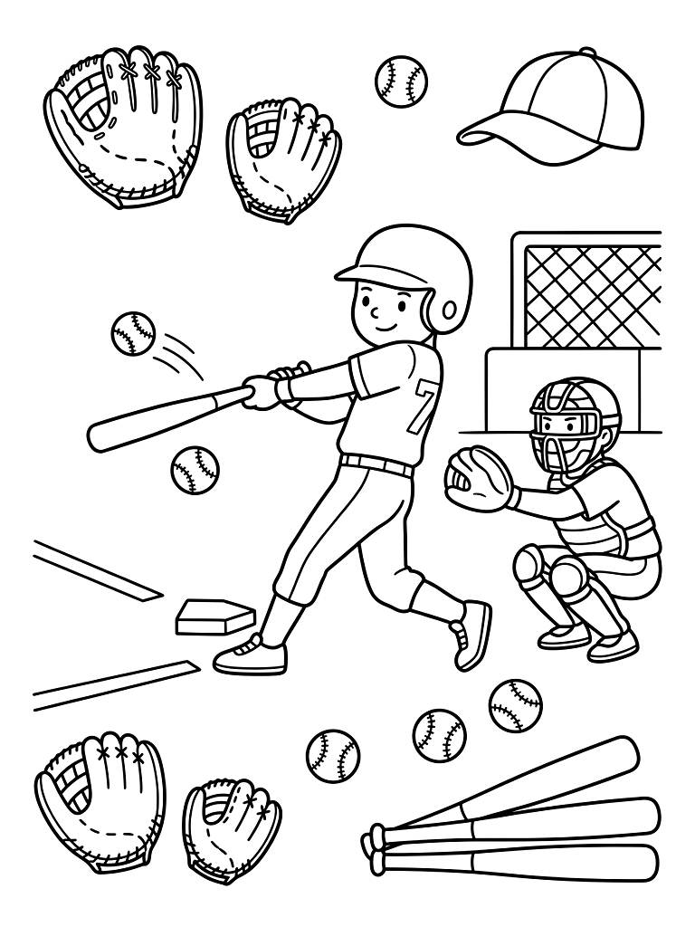 Baseball Games And Sports Equipment coloring page — free printable for kids and adults