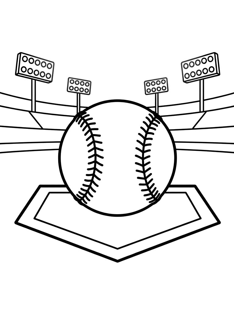 Baseball Resting On Home Plate With Stadium Lights Glowing In The Evening Dusk Coloring Page — free printable for kids and adults
