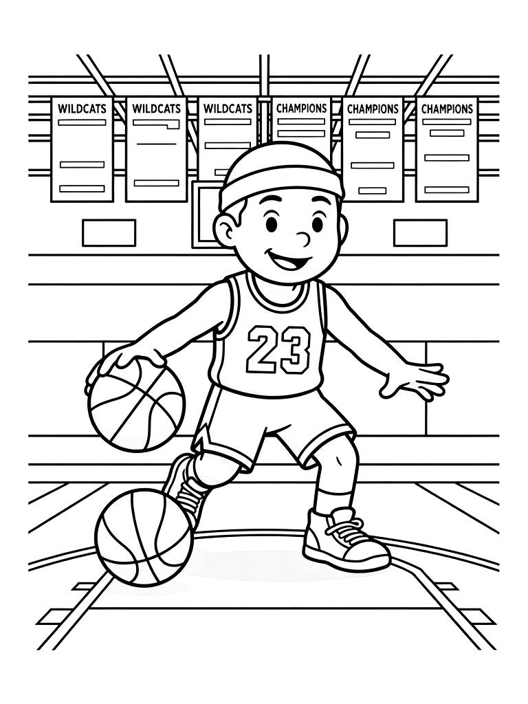 Basketball Player Performing A Crossover Dribble On A Professional Court With Team Banners Coloring Page