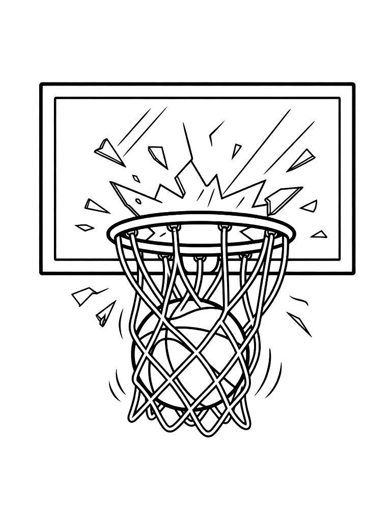 Basketball Swishing Through A Hoop Net With The Backboard Glass Shattering Coloring Page