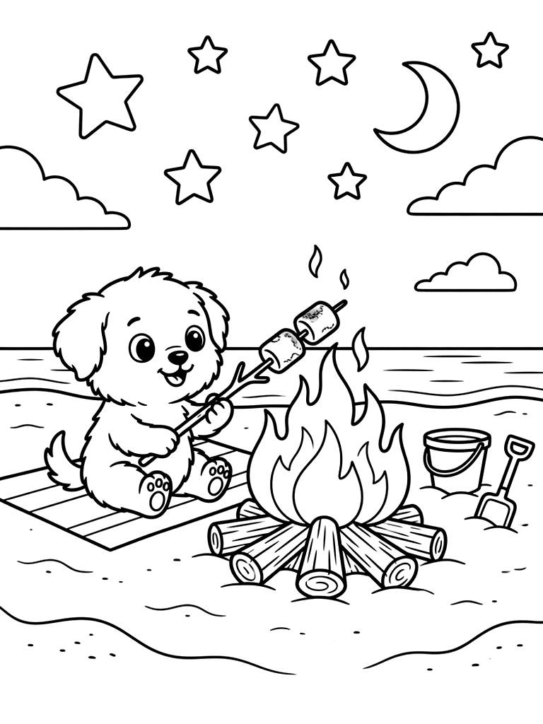 Beach Bonfire With Toasted Marshmallows And A Starry Summer Night Coloring Page
