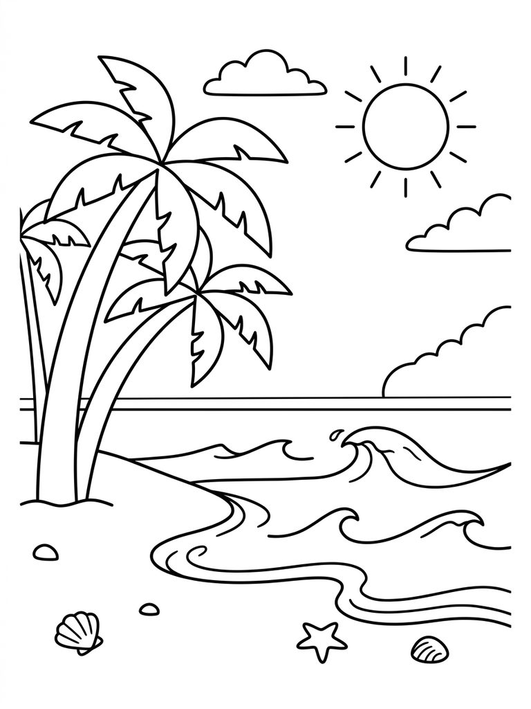 Beach With Palm Trees And Ocean Waves Coloring Page