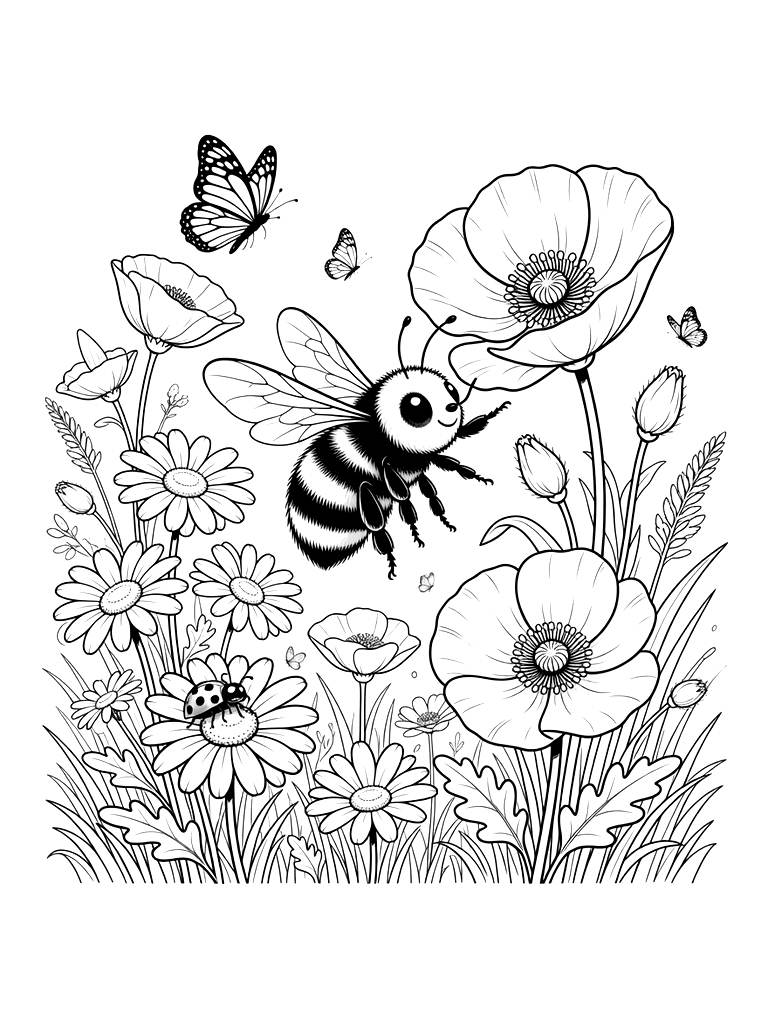 Beautiful Meadow With Daisies And Poppies Coloring Page
