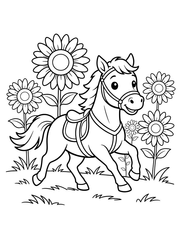 Beautiful Palomino Horse With A Golden Coat Galloping Through A Field Of Sunflowers Coloring Page