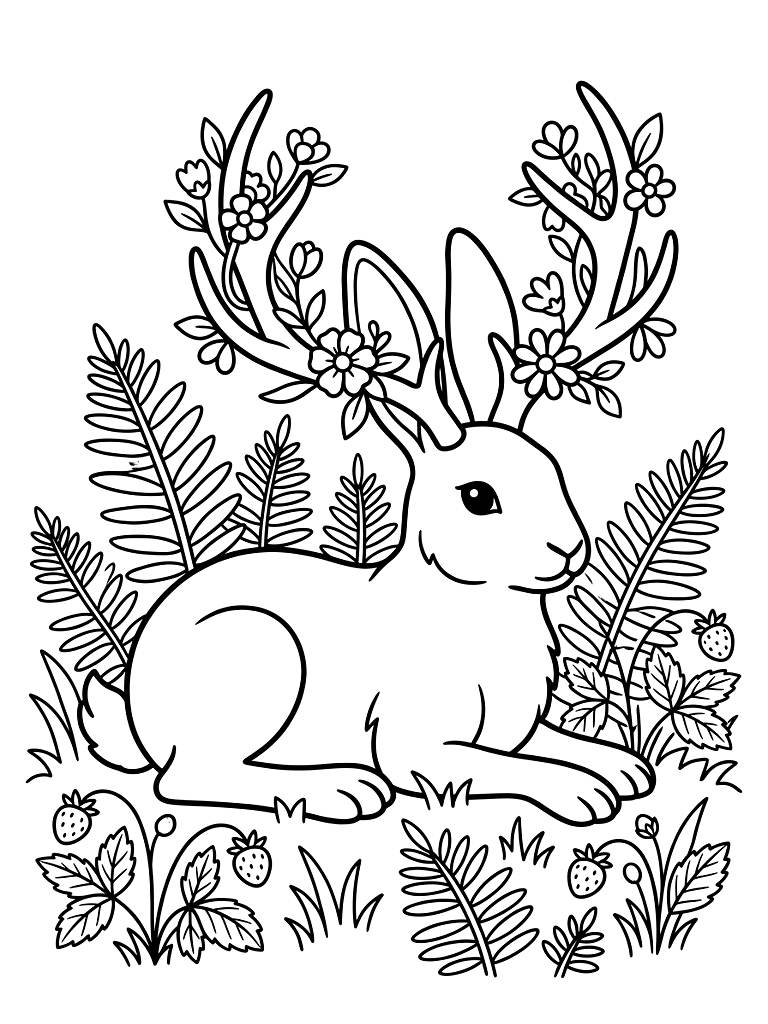 Beautiful Woodland Jackalope With Detailed Flowery Antlers Resting Peacefully In A Patch Of Forest Ferns And Wild Strawberries Coloring Page