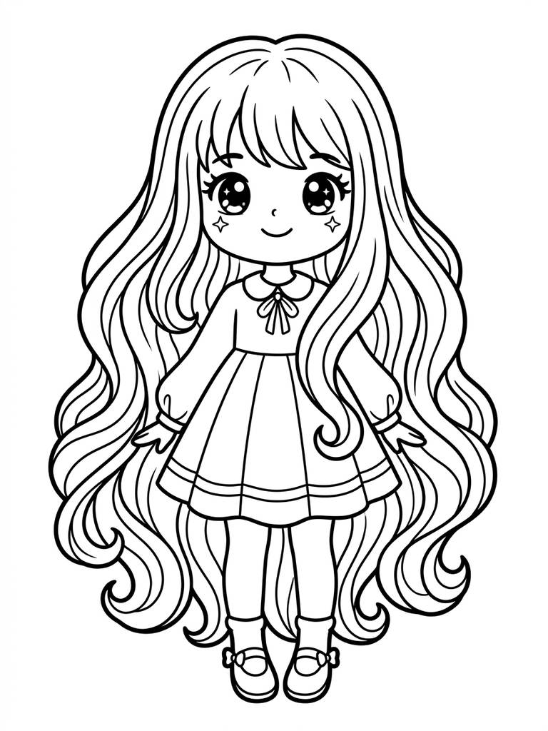 Big Eyes Long Hair Kawaii Girl Coloring Page
