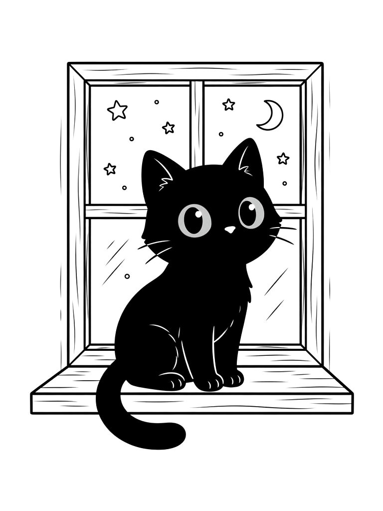 Black Cat With Glowing Yellow Eyes Sitting On A Wooden Windowsill At Night Coloring Page — free printable for kids and adults