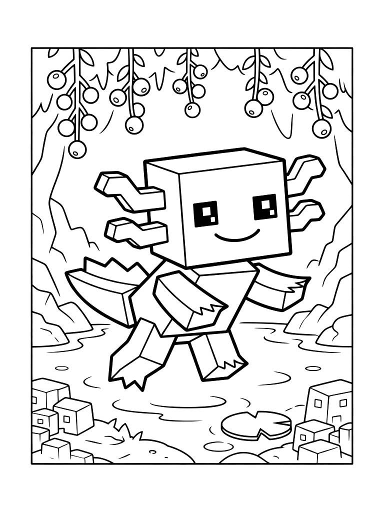 Blocky Minecraft Axolotl Swimming In A Lush Cave Pond With Glow Berries Hanging From The Ceiling Coloring Page