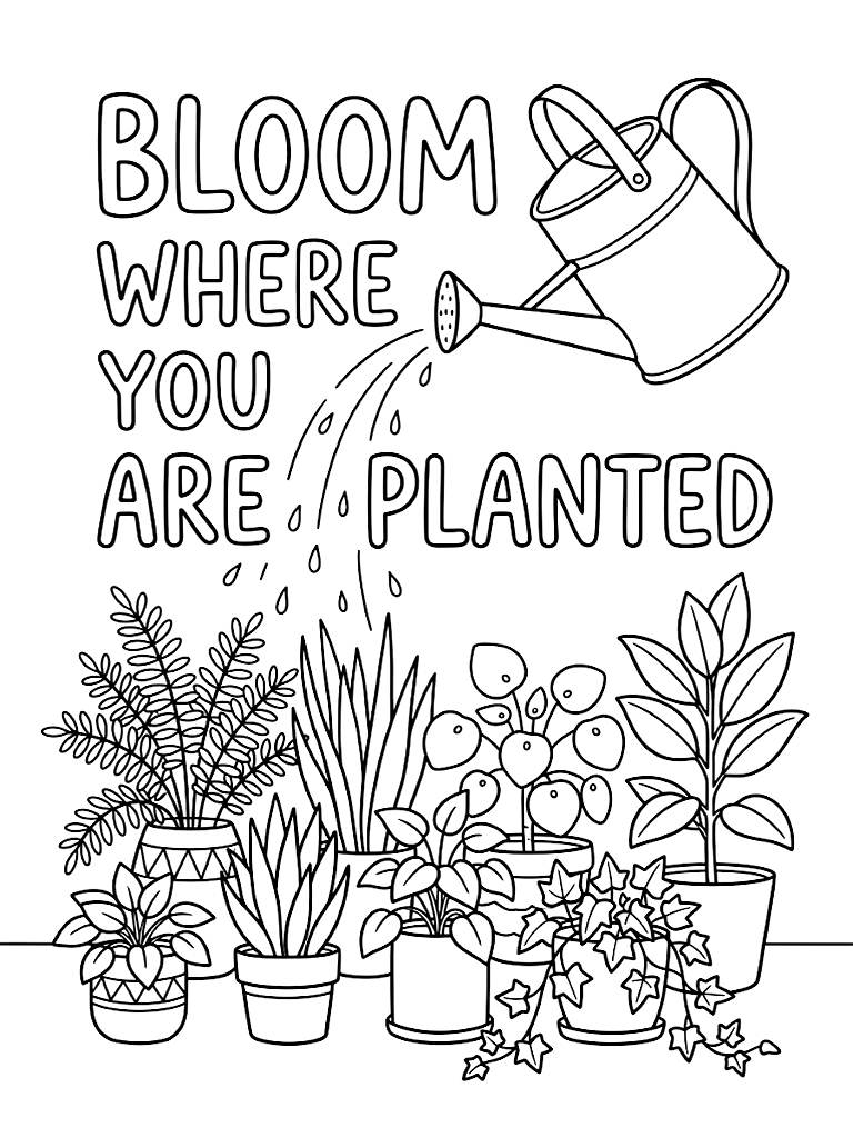 Bloom Where You Are Planted Typography Surrounded By A Vintage Watering Can Nourishing A Thriving Collection Of Potted Houseplants Coloring Page
