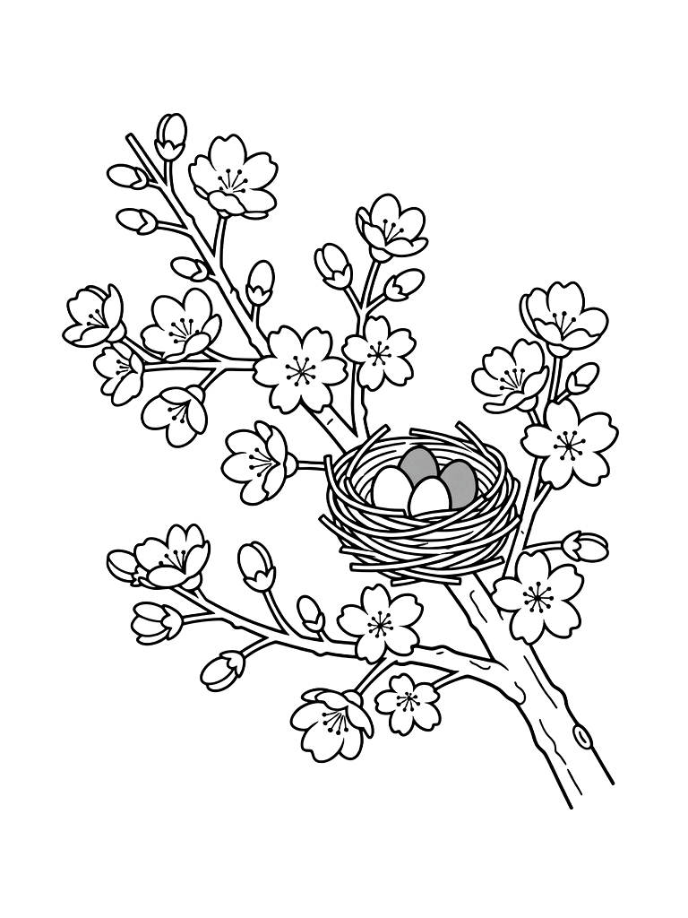 Blooming Branch Of Pink Cherry Blossoms With A Small Bird's Nest Containing Three Tiny Blue Eggs Coloring Page