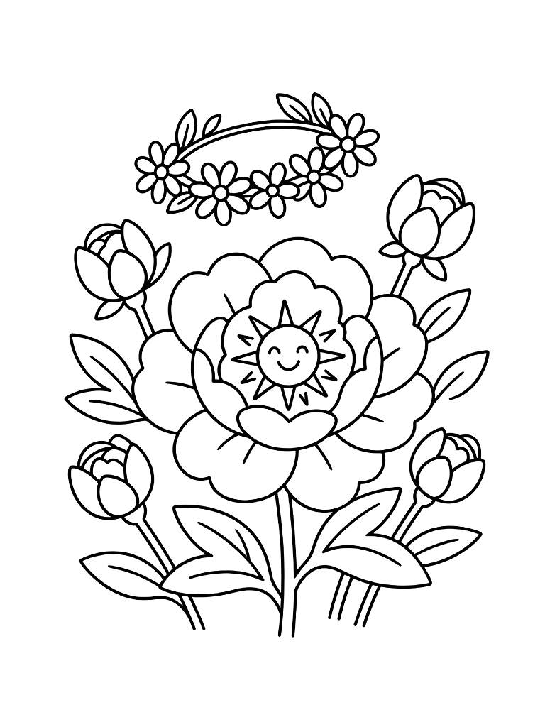 Blooming Peony Garden With A Summer Solstice Sun Icon And A Flower Crown Coloring Page