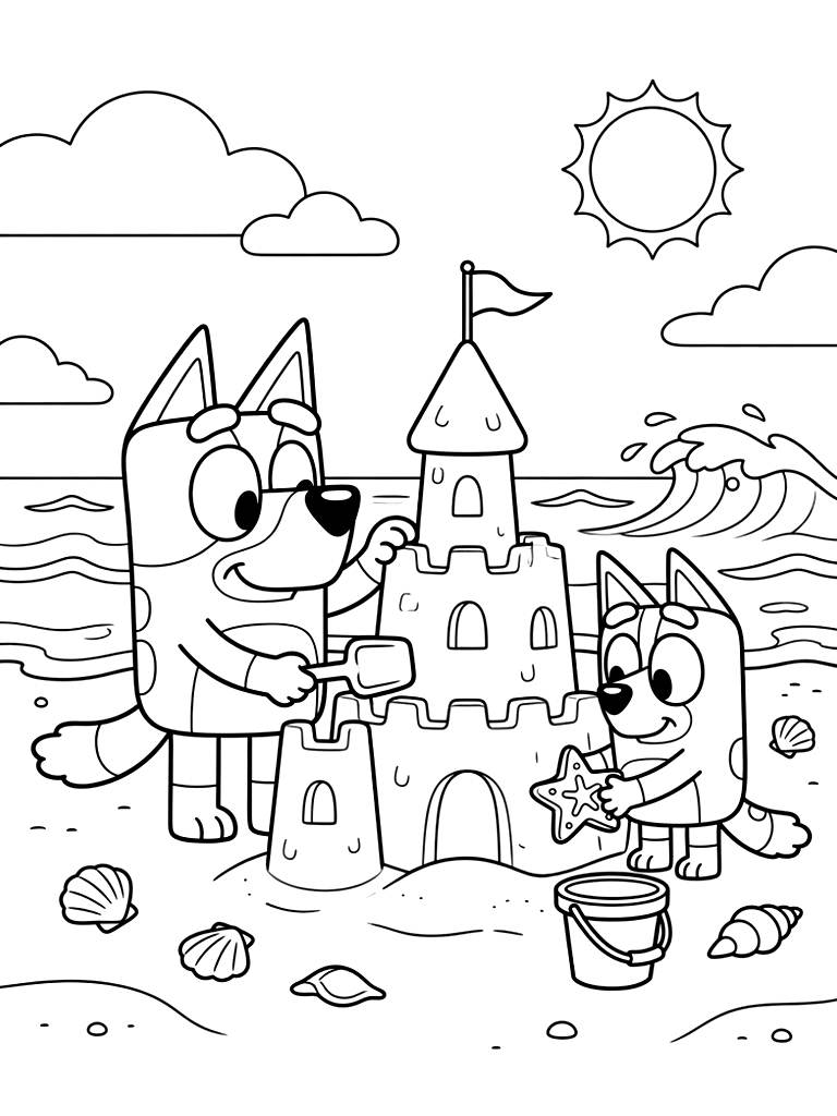 Bluey And Bingo Building A Giant Sandcastle On A Sunny Beach With Sea Shells coloring page — free printable for kids and adults