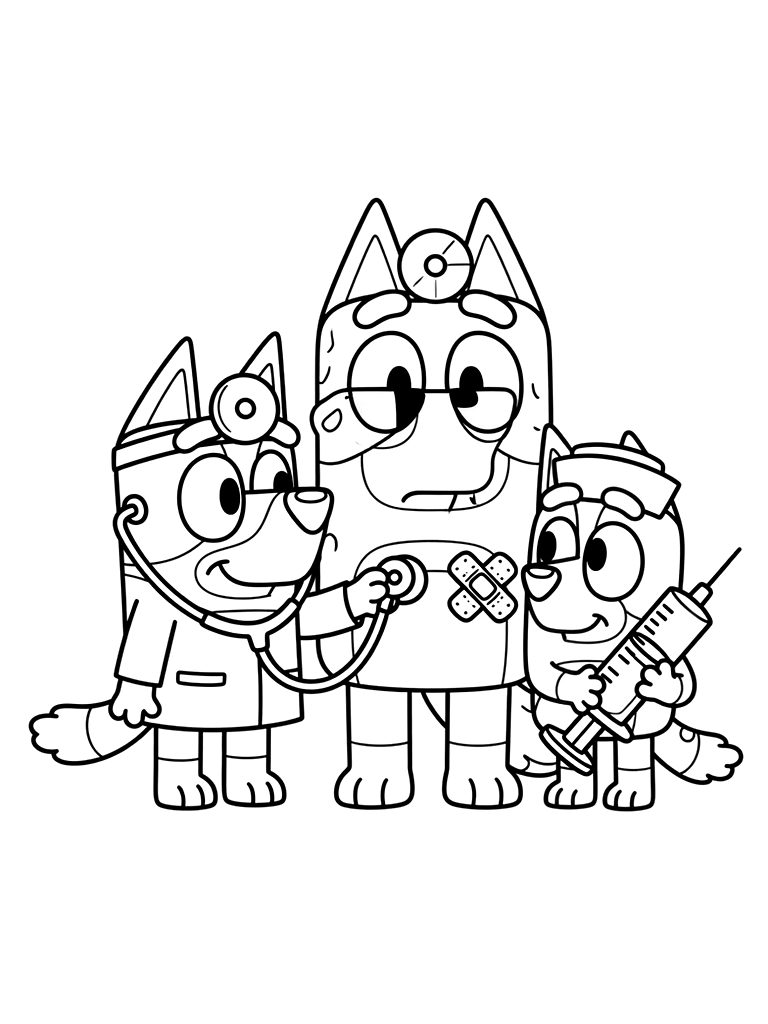 Bluey And Bingo Playing Doctor With A Toy Stethoscope And Bandit As The Patient Coloring Page