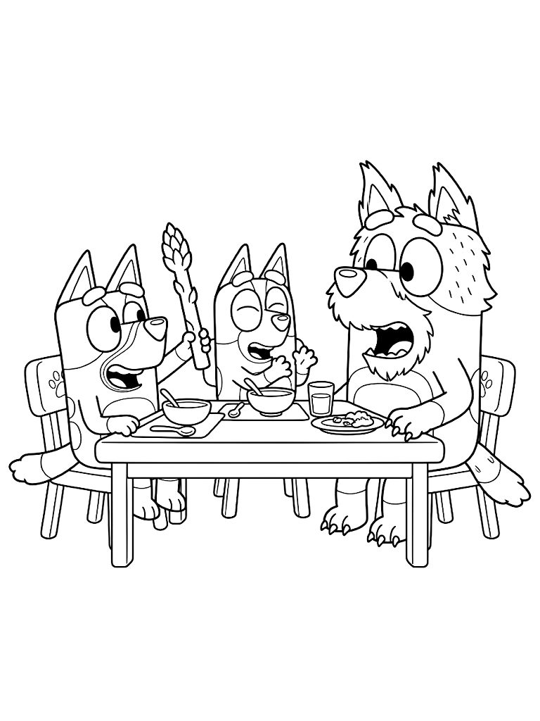 Bluey And Bingo Playing The Hilarious Magic Asparagus Game At The Dinner Table Turning Bandit Into A Wild Animal Coloring Page