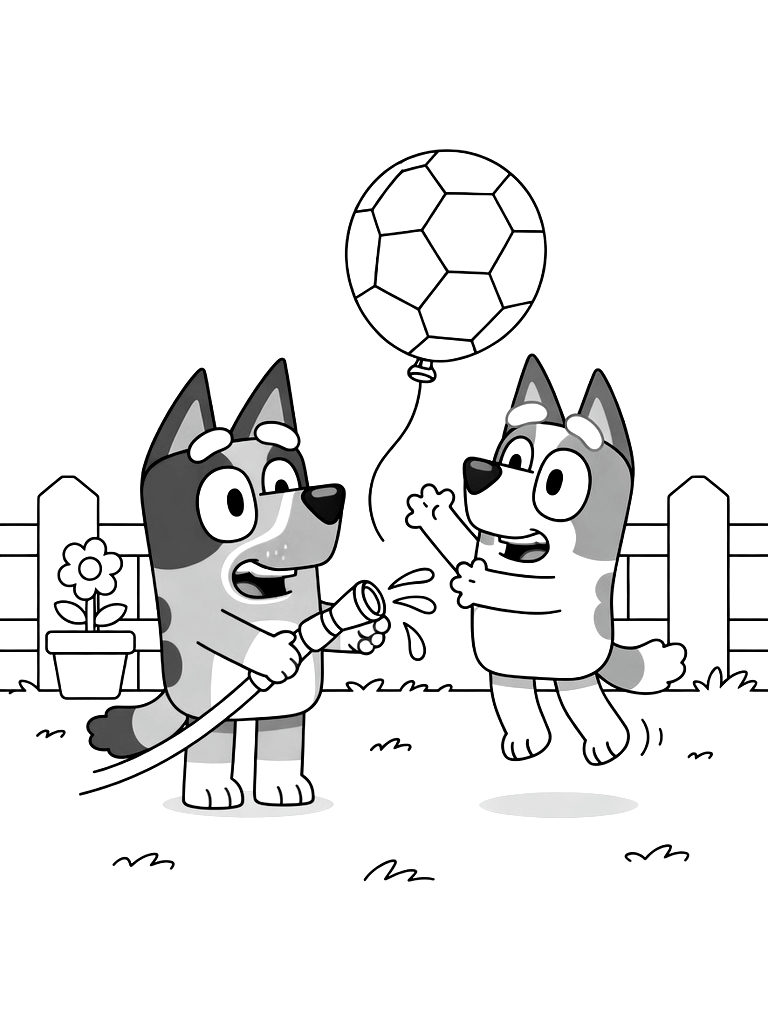 Bluey And Bingo Playing With A Garden Hose In Their Backyard With A Big Keepy Uppy Balloon Coloring Page