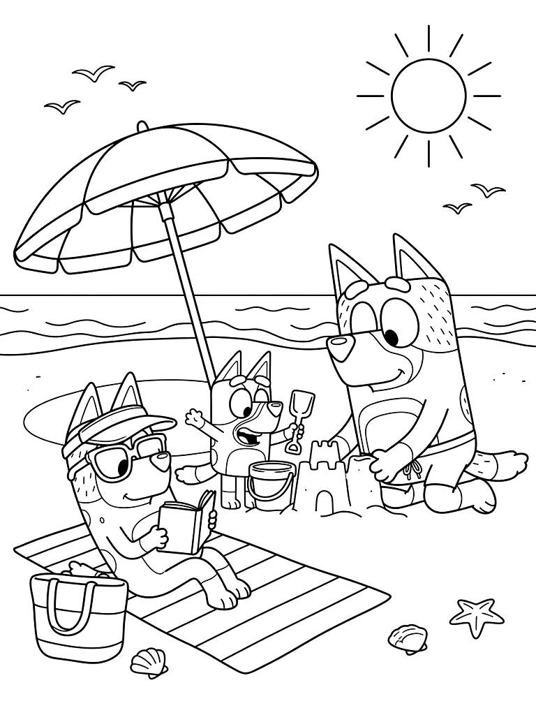 Bluey Family Beach Day And Summer Vacation coloring page — free printable for kids and adults