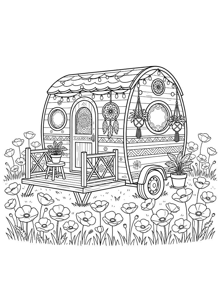Boho Tiny House Trailer Parked In A Meadow Of Poppies With A Fold-Out Deck Coloring Page