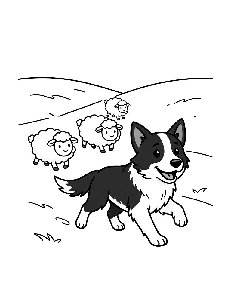 Border Collie Herding A Group Of Fluffy White Sheep In A Green Hilly Pasture Coloring Page — free printable for kids and adults