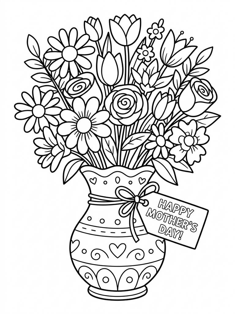 Bouquet Of Flowers In A Decorative Vase For Mother's Day Coloring Page