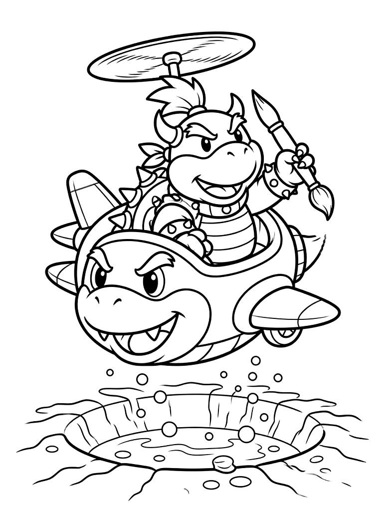 Bowser Jr. In His Koopa Clown Car Flying Over A Lava Pit With A Paintbrush In His Hand Coloring Page