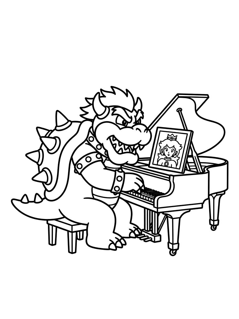 Bowser Playing A Grand Piano With A Framed Picture Of Princess Peach On Top Coloring Page — free printable for kids and adults