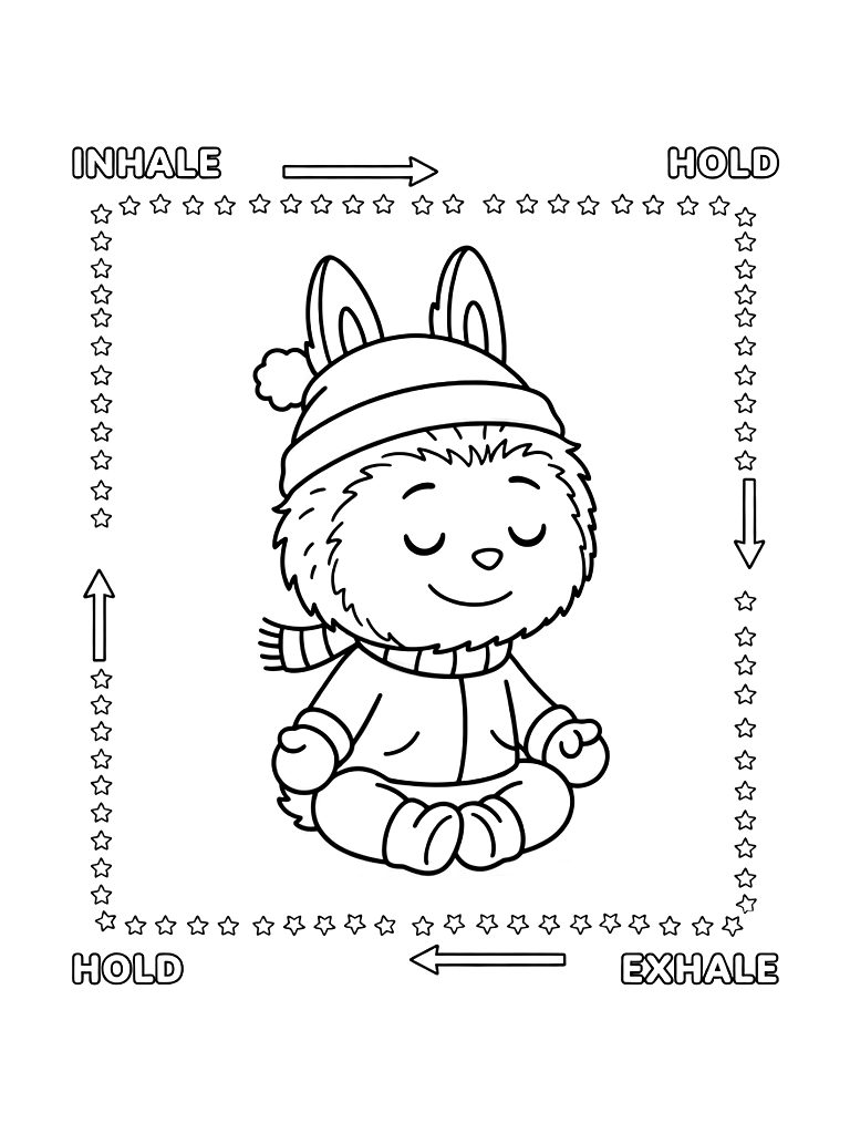 Box Breathing Guide With A Square Path Made Of Tiny Stars And Hold Instructions Coloring Page — free printable for kids and adults