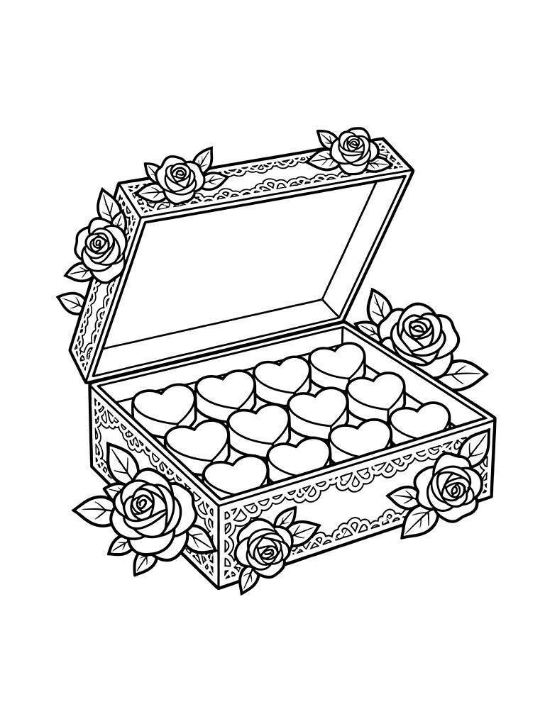 Box Of Heart-shaped Chocolates With Ornate Lace And Roses Coloring Page