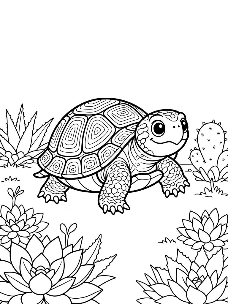 Box Turtle With An Intricate Shell Pattern Walking Through A Garden Of Succulent Plants Coloring Page