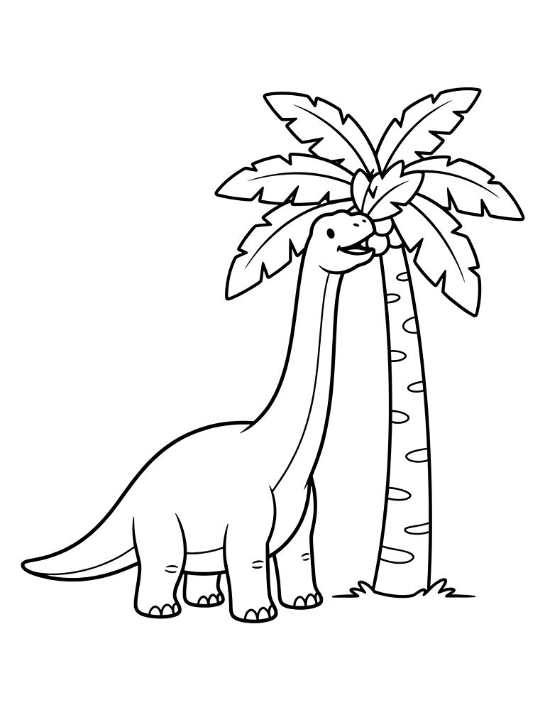 Brachiosaurus Eating Leaves From The Top Of A Prehistoric Palm Tree Coloring Page