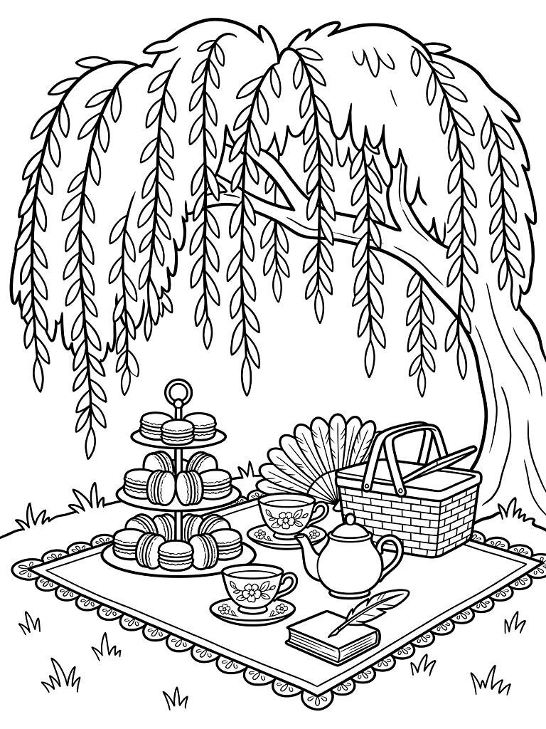 Bridgerton-Inspired Picnic Blanket With A Tiered Pastry Stand Full Of Delicate Macarons And Elegant Floral Teacups Under A Weeping Willow coloring page — free printable for kids and adults