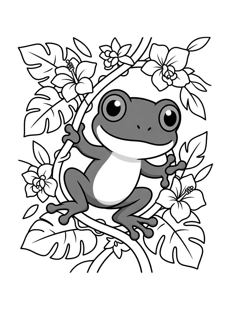 Bright Green Tree Frog With Large Orange Eyes Clinging To A Tropical Vine With Exotic Flowers Coloring Page