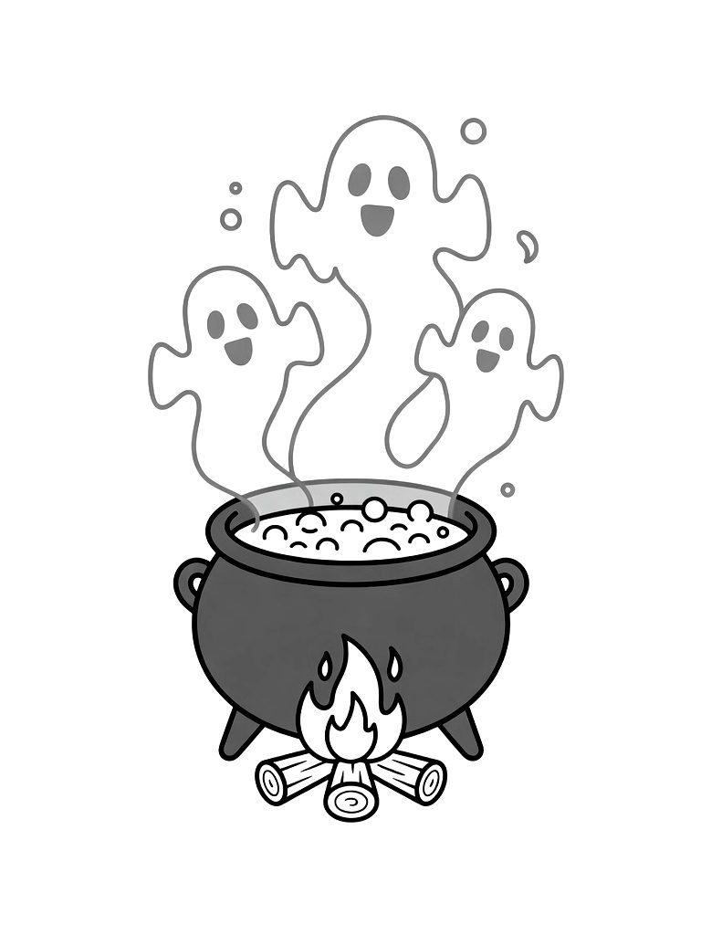Bubbling Green Cauldron Over A Small Fire With Purple Smoke Rising In The Shape Of Ghostly Figures Coloring Page