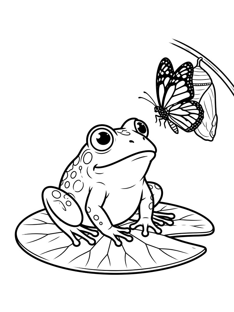 Bullfrog Sitting On A Lily Pad Watching A Monarch Butterfly Emerge From A Chrysalis Coloring Page — free printable for kids and adults