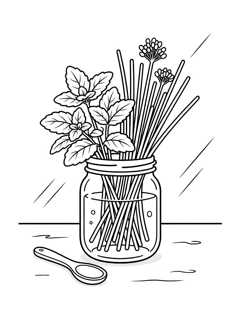 Bunch Of Fresh Mint And Chives In A Glass Jar On A Sunlit Kitchen Counter Coloring Page — free printable for kids and adults