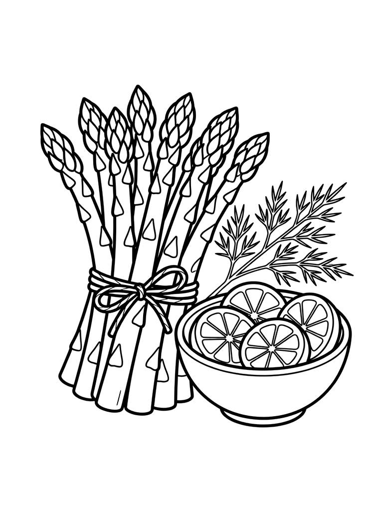 Bundle Of Fresh Asparagus Tied With Twine Next To A Bowl Of Sliced Lemons And A Sprig Of Dill Coloring Page
