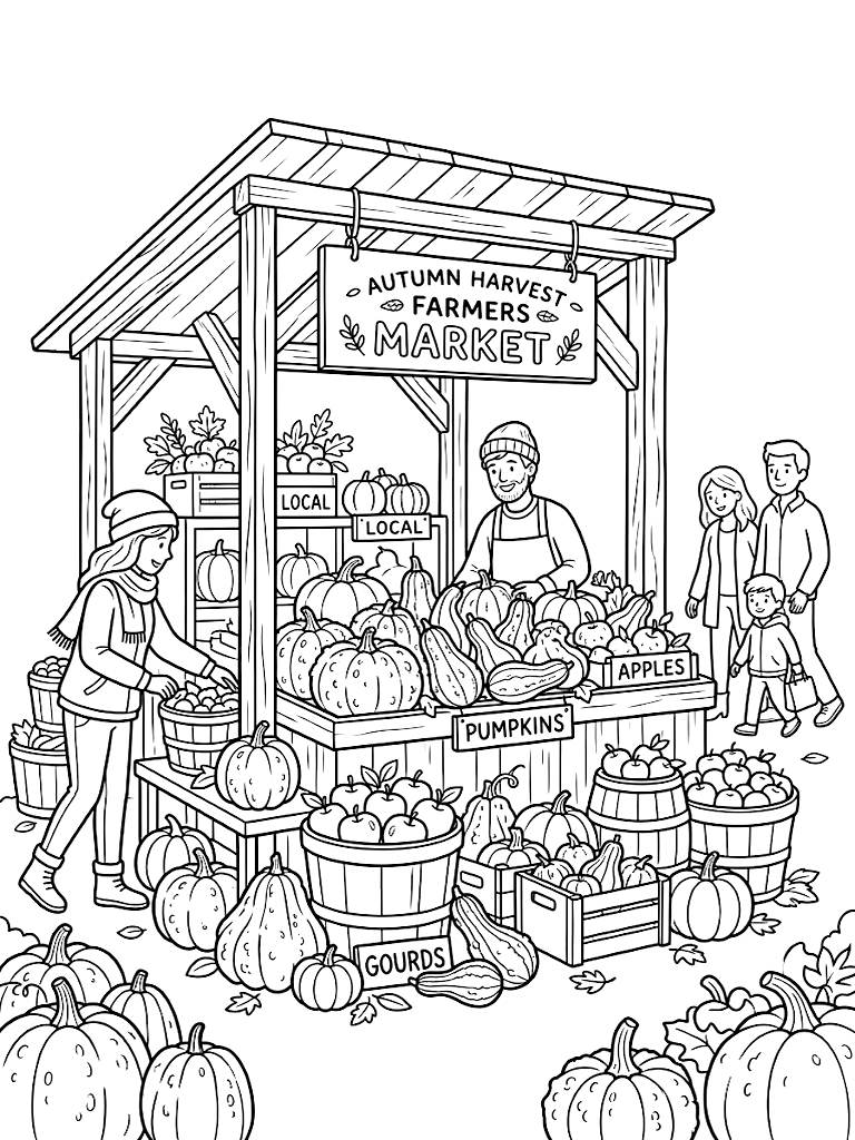 Bustling Autumn Farmers Market Wooden Stand Overflowing With A Bountiful Harvest Of Warty Pumpkins Gourds And Bushels Of Apples Coloring Page