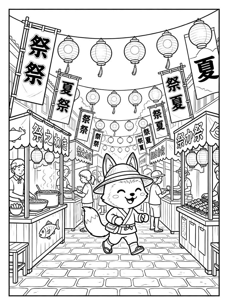 Bustling Traditional Japanese Festival Street Lined With Glowing Paper Lanterns Wooden Food Stalls And Summer Banners Coloring Page