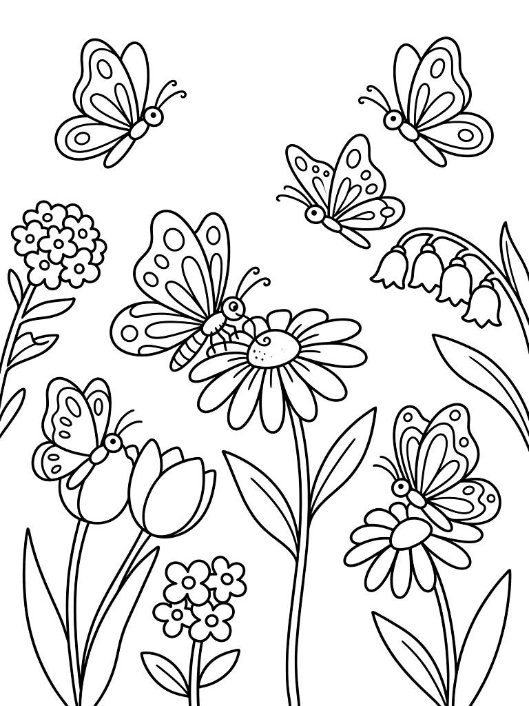 Butterflies Pollinating Vibrant Spring Flowers Coloring Page