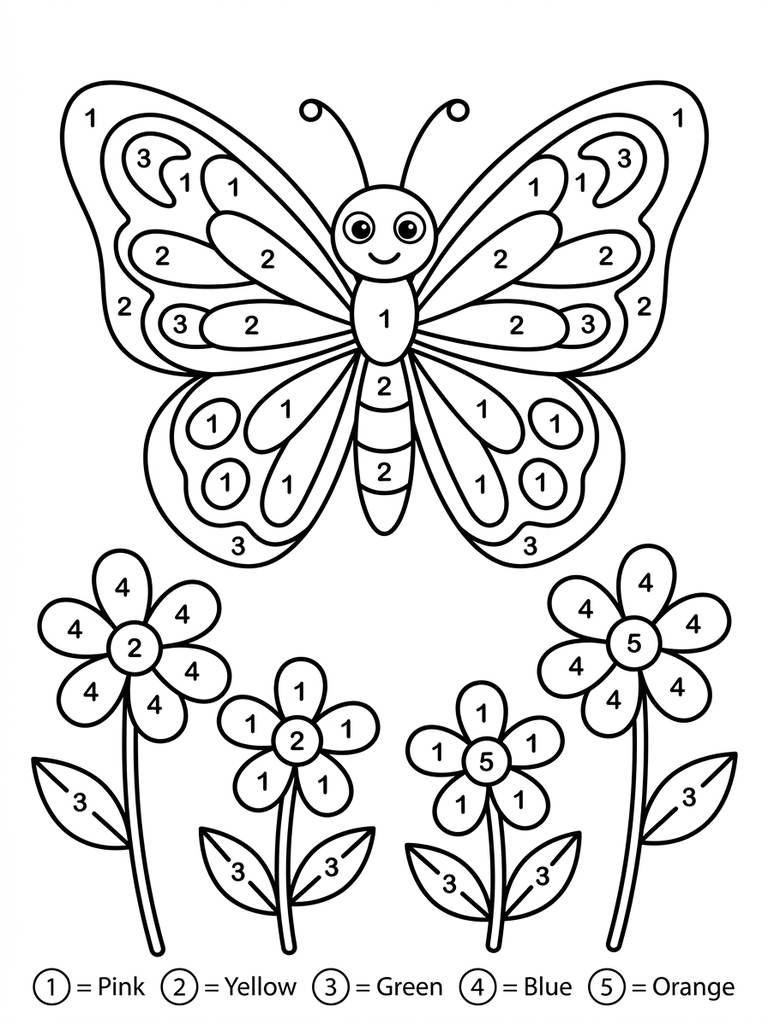 Butterfly And Flowers Color By Number Coloring Page