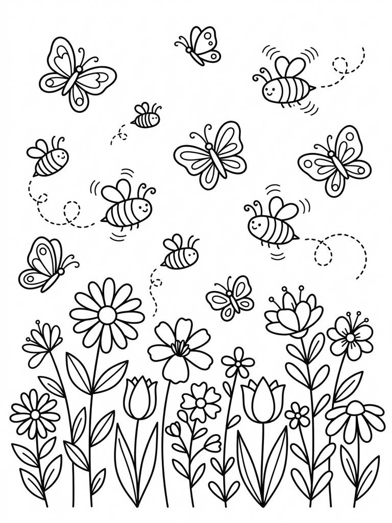 Buzzing Bees And Butterflies Flying Among Blooming Flowers Coloring Page