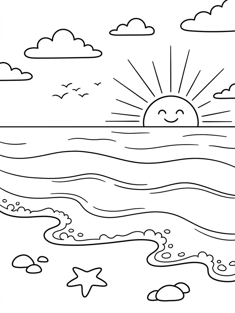 Calm Ocean Waves Crashing On Quiet Beach At Dawn Coloring Page