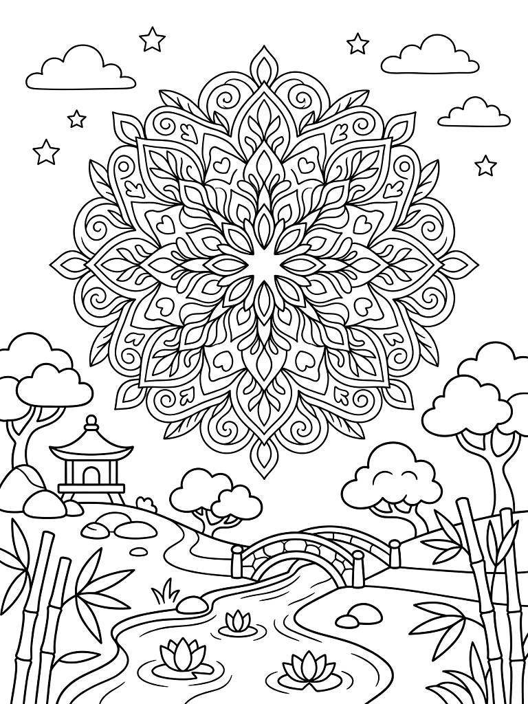 Calming Mandala And Zen Nature Scenes Coloring Page
