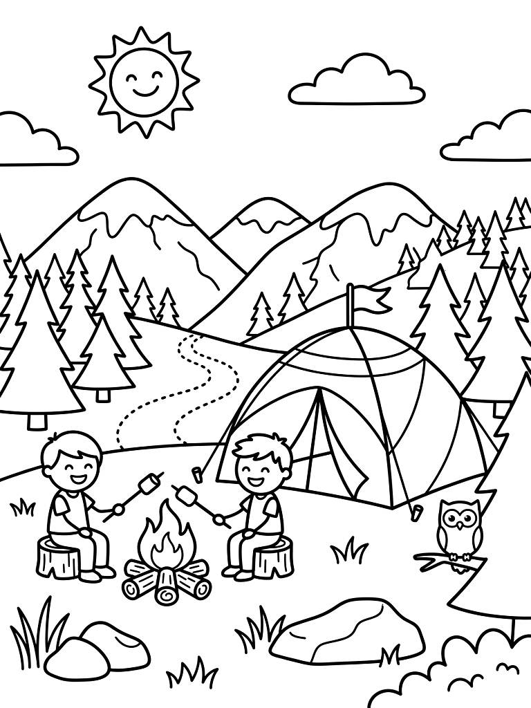 Camping In The Mountains And Forest Scenery coloring page — free printable for kids and adults