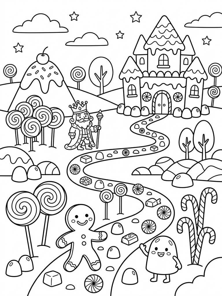 Candy Land Path With Sweet Treats And Characters Coloring Page