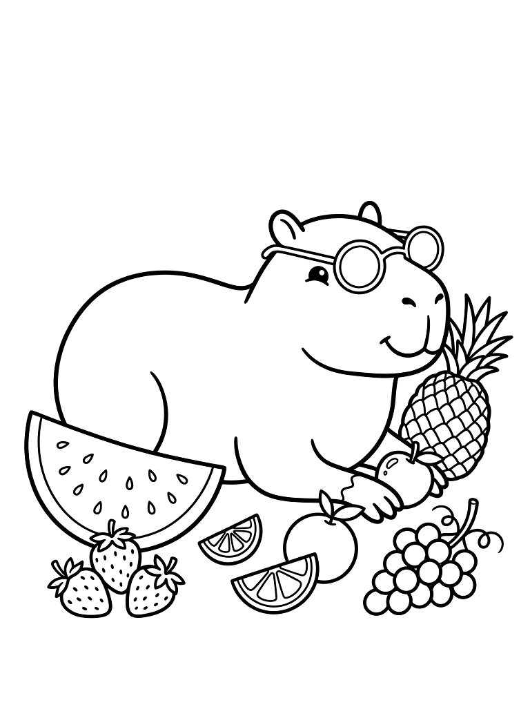 Capybara Chilling With Summer Fruits Coloring Page