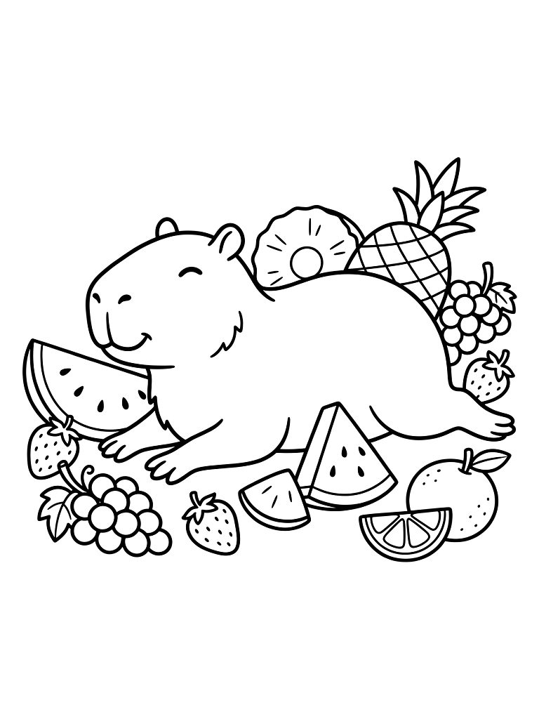 Capybara Chilling With Summer Fruits Coloring Page