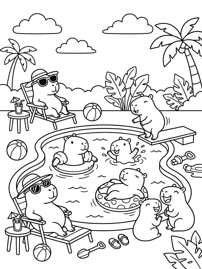 Capybara Pool Party Coloring Page