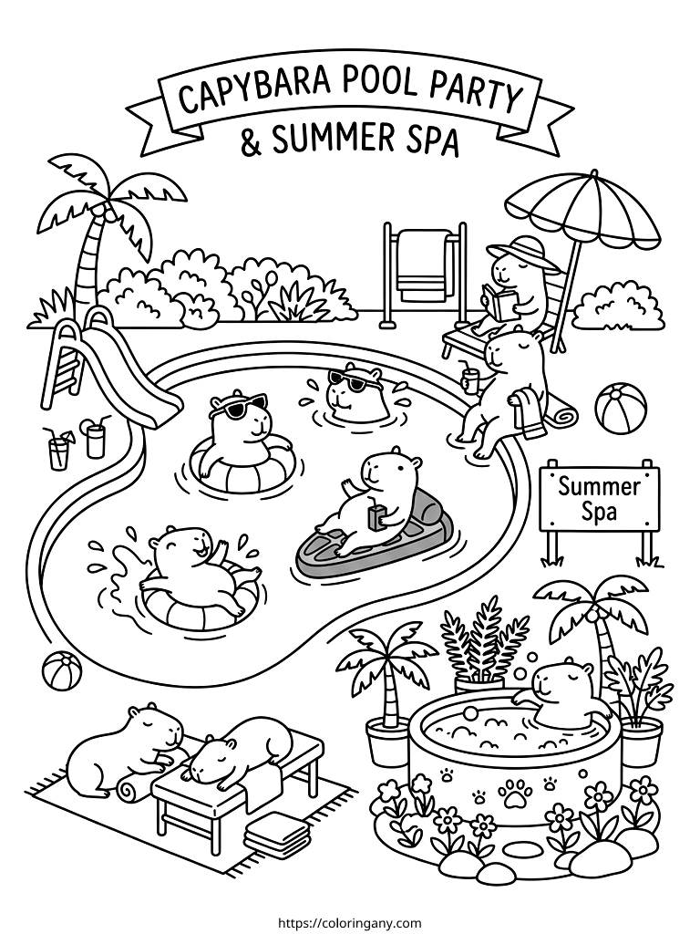 Capybara Pool Party & Summer Spa Coloring Page