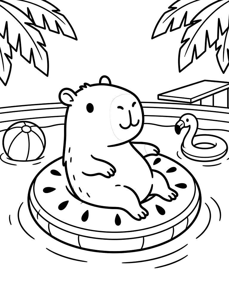 Capybara Pool Party & Swimming coloring page — free printable for kids and adults