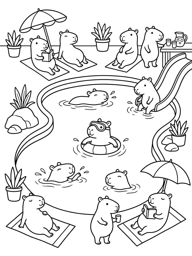Capybara Pool Party & Swimming Coloring Page